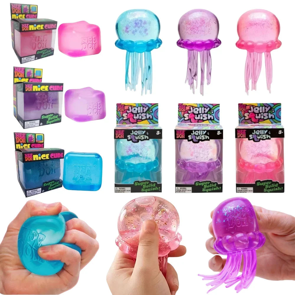 Trending Nee Doh Jellyfish & Cube Squish Toy, Soft Jelly Squeeze Stress Relief Fidget Toy, Sensory NeeDoh for Kids & Adults
